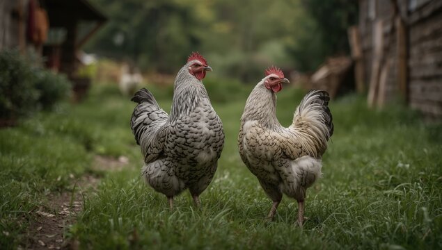 Silver Sebright poultry showing hen and cockerel in outdoor grass setting, breed identification focus