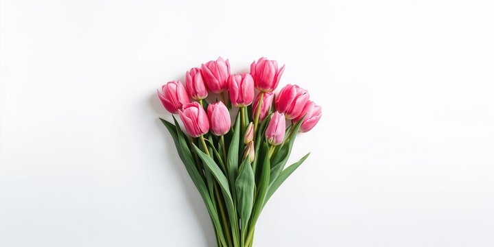 Single pink tulip bouquet on white backdrop, ideal for floral arrangement templates - Powered by Adobe