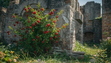 Red-berried elderberry shrub set against aged brick ruins highlights seasonal summer flora in a garden setting