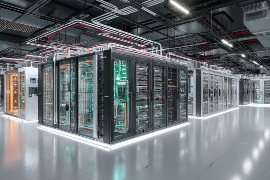 Modern energy efficient data center with liquid cooling pipes and advanced server racks