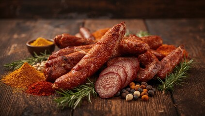 Dried or smoked sausage displayed on a rustic wooden surface alongside spices and related products, highlighting processing methods