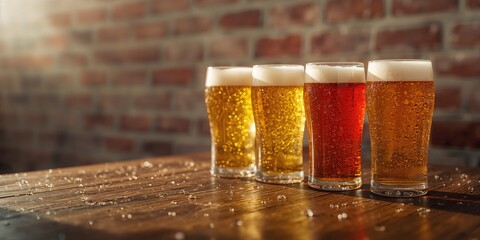 Selection of light beers glowing in sunlight against brick backdrop, ideal for festive parties and casual meetups