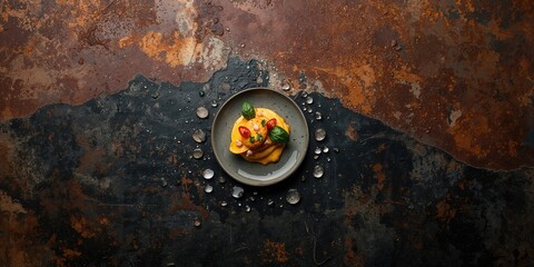 Corroded metal texture serving as a backdrop in food styling, emphasizing industrial aesthetic