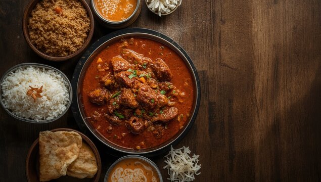 Traditional feast featuring spicy beef curry, ghee rice, appam, parotta, and puttu, highlighting cultural culinary practices