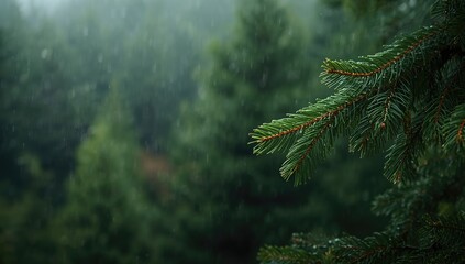 Wet green pine branches with needles, serving as a textured background for layout and typography