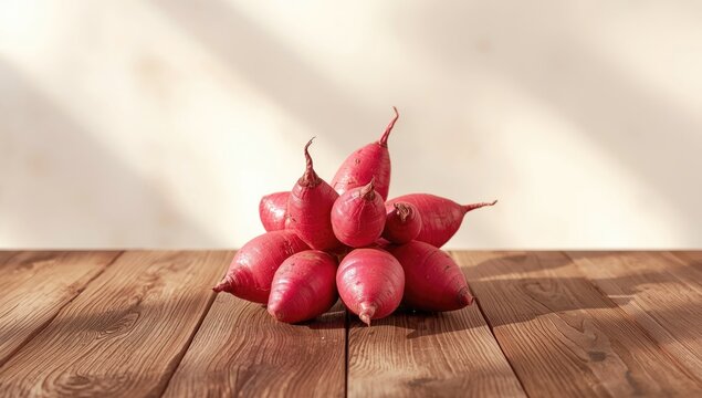Pink oca tubers displayed on wooden board, highlighting natural food presentation