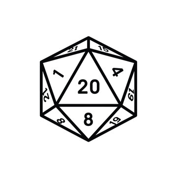 a black and white illustration depicts a twenty sided die with numbers prominently displayed on each face representing a roleplaying game