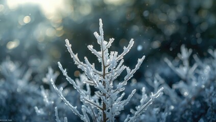 Obraz premium Macro shot of frozen tree branches after a freezing rain event in winter, highlighting ice accumulation