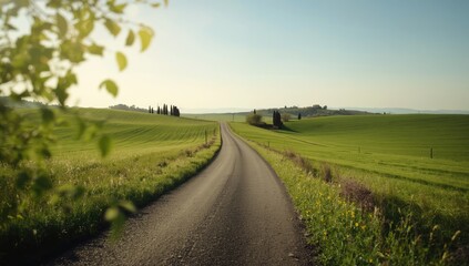 Springtime scene of a country road fading into the horizon amid lush farmland, highlighting seasonal planting