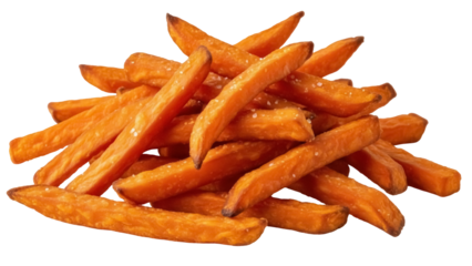 Isolated sweet potato fries, cooked and seasoned, fresh cut, hot, healthy snack, food item