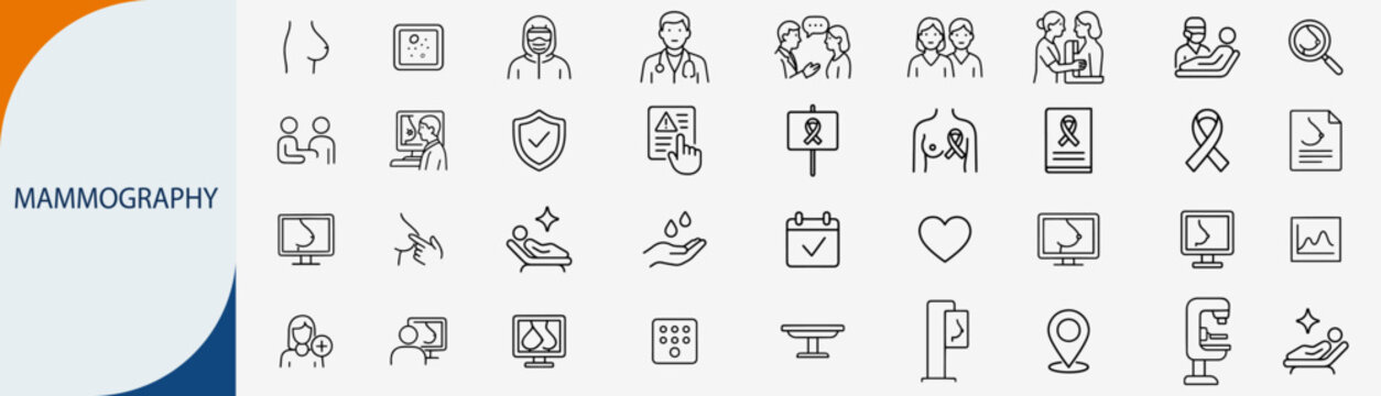 mammography and breast cancer awareness line icons set vector design