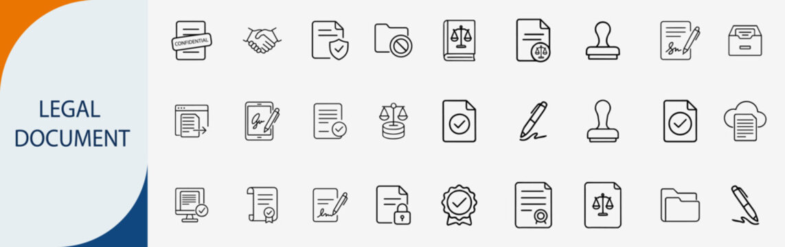 Legal document and business contract line icons set, vector design