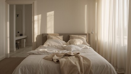 Light bedding in the morning after sleep, a gentle and calming bedroom setting