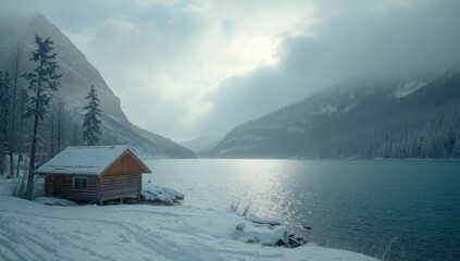 Frozen water body with a rustic cabin on a snowy day, emphasizing seasonal change and accessibility