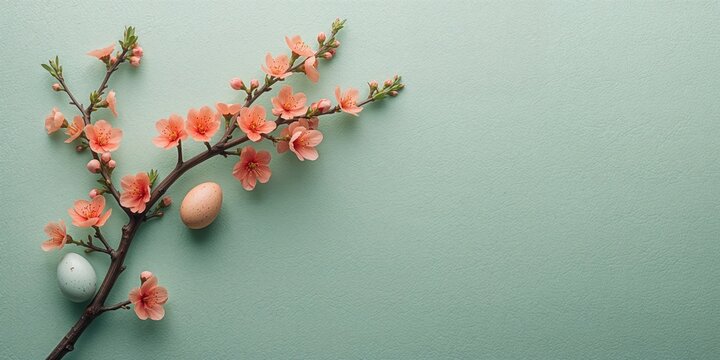 Spring scene featuring apricot tree branches and traditional egg hunt, outdoor activity and seasonal change