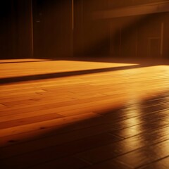 Illuminated hardwood surface with shadows casting across interior expanse