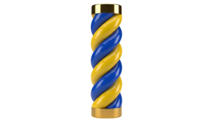 Isolated decorative pole design with blue and yellow candy-stripe design on a gold pedestal