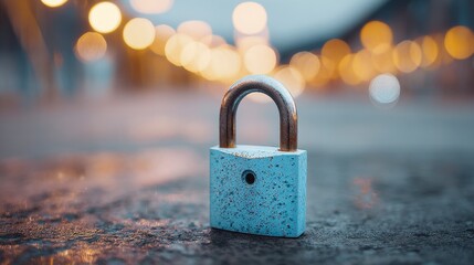Fototapeta premium Close-up of a teal padlock on a wet, textured surface with blurred lights in the background, creating a soft bokeh effect