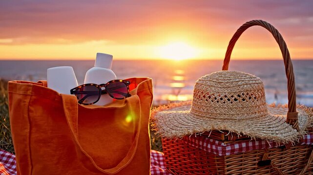 Packing Beach Bag for Picnic at Sunset, Lifestyle