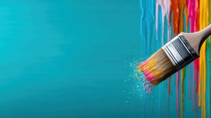 An artistic paintbrush is creating vibrant splashes of color against a vivid turquoise backdrop, symbolizing creativity and inspiration in a visually captivating manner.