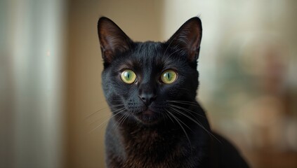 Obraz premium Dark-furred cat with intense eyes, highlighting animal vigilance in low light