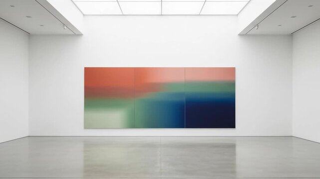 Contemporary Abstract Art Installation Featuring a Triptych with Dreamy Color Gradients in a Minimalist Gallery Setting