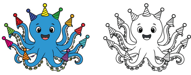 Cute cartoon blue octopus wearing colorful party hats coloring page Happy sea animal vector illustration. © AbuNazam