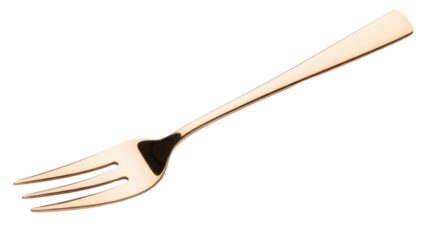Isolated three-pronged fork, shiny gold color with dark accent on the base of the prongs