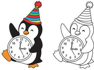 Cute cartoon penguin holding clock wearing party hat coloring page Happy New Year animal vector illustration © AbuNazam