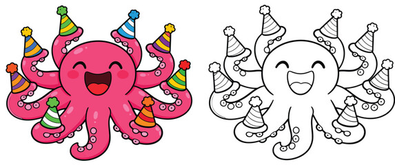 Cute cartoon octopus wearing party hats coloring page. Kawaii sea animal vector illustration © AbuNazam