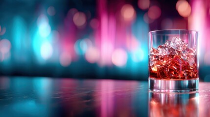 A stylish glass filled with ice and a rich drink, set against a colorful, blurred background, creating an atmosphere of luxury and nightlife.