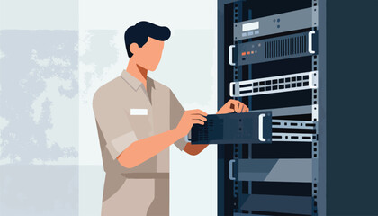 Male technician installs server hardware into a rack