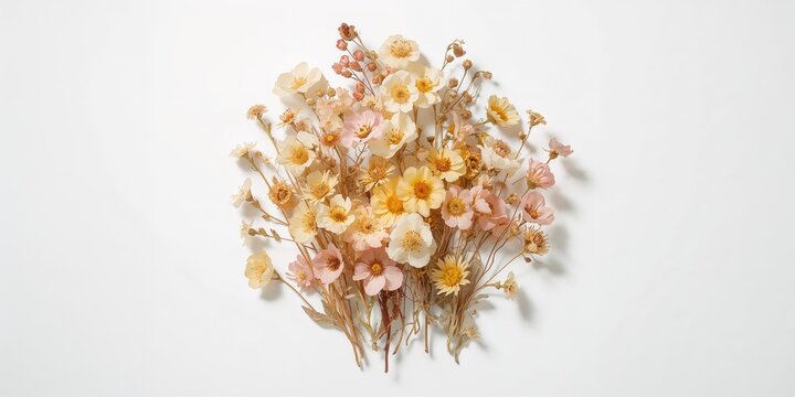 Dried spring wildflowers isolated on white, suitable for herbarium specimen collection
