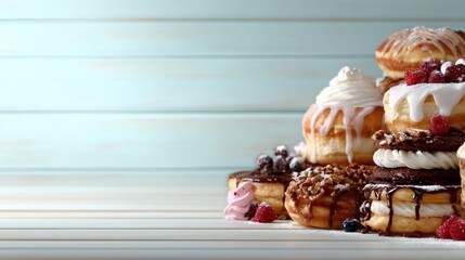 A tempting arrangement of assorted donuts stacked high, showcasing a variety of playful decorations and flavors, embodying a delightful treat for dessert lovers.