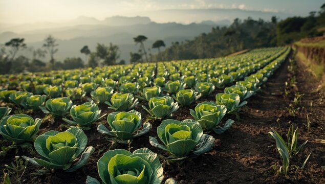 Cabbage plants arranged in a field on a high-altitude volcanic landscape, crop density