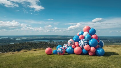 Colorful balloons and targets embellish a scenic hilltop with vibrant spheres, creating a lively outdoor display, World Environment Day
