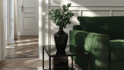 Black vase with plant placed on contemporary black side table adjacent to green sofa, used for home decor