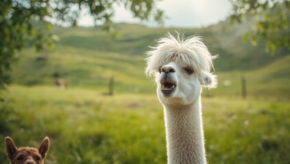 Obraz premium Alpaca sporting a quirky hairstyle outdoors, highlighting animal grooming and humor, World Animal Day
