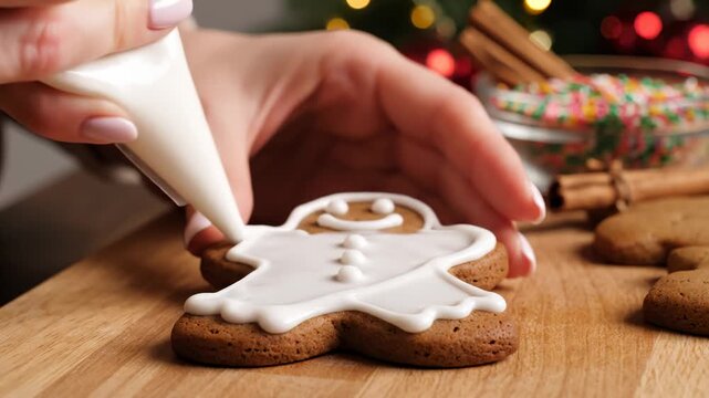 Decorating a Gingerbread Man Cookie With White Icing for Christmas Holiday Baking