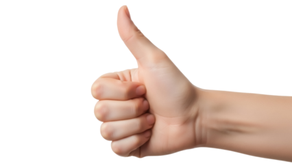 Isolated hand gesture gives thumbs up, signifying approval or agreement in studio shot