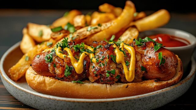 Delicious Hot Dog with Golden Fries Garnished with Fresh Herbs and Mustard Sauce