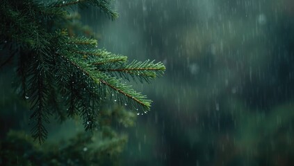 Macro shot of spruce needles with raindrops, natural moisture and minimalistic beauty