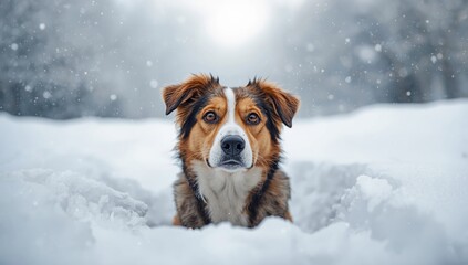 Dog in snow, focusing on outdoor activity during winter months, seasonal change