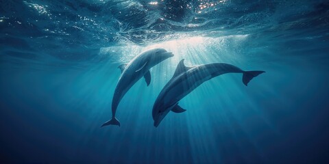 Naklejka premium Wild dolphins leaping in sunlit waters, showcasing marine wildlife behavior, World Oceans Day