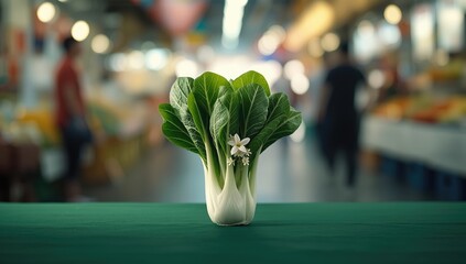 Market scene with white and green choy leaves, highlighting fresh vegetables for sustainable eating