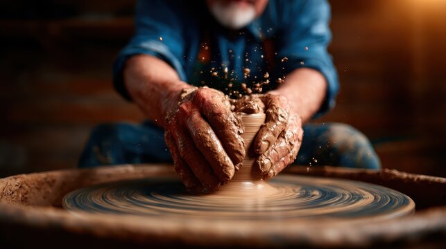 An artisan passionately crafting a clay pot on a pottery wheel, showcasing dedication to traditional craftsmanship and the beauty of handmade art. - Powered by Adobe