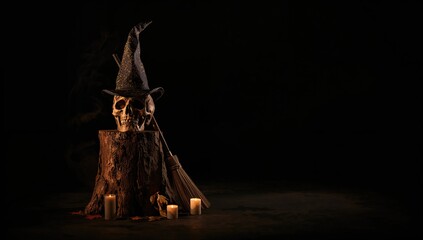 Witch hat resting on wooden stump alongside skull and broom, Halloween setup for themed display