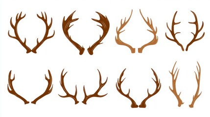 Naklejka premium Assorted stylized illustrations of animal antlers. Differing styles, from simple to detailed, are arranged on a white background
