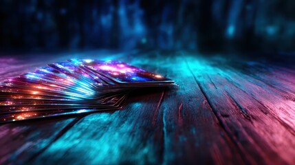 A vibrant collection of playing cards displaying a cosmic theme, blending colors and patterns that evoke a sense of wonder and imagination, set against a dark background.