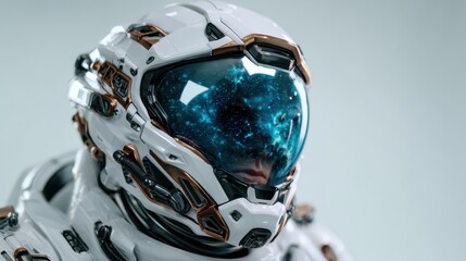 A futuristic astronaut helmet with a reflective visor reveals a stunning galaxy scene, representing the wonders of space exploration and the human quest for knowledge beyond Earth.